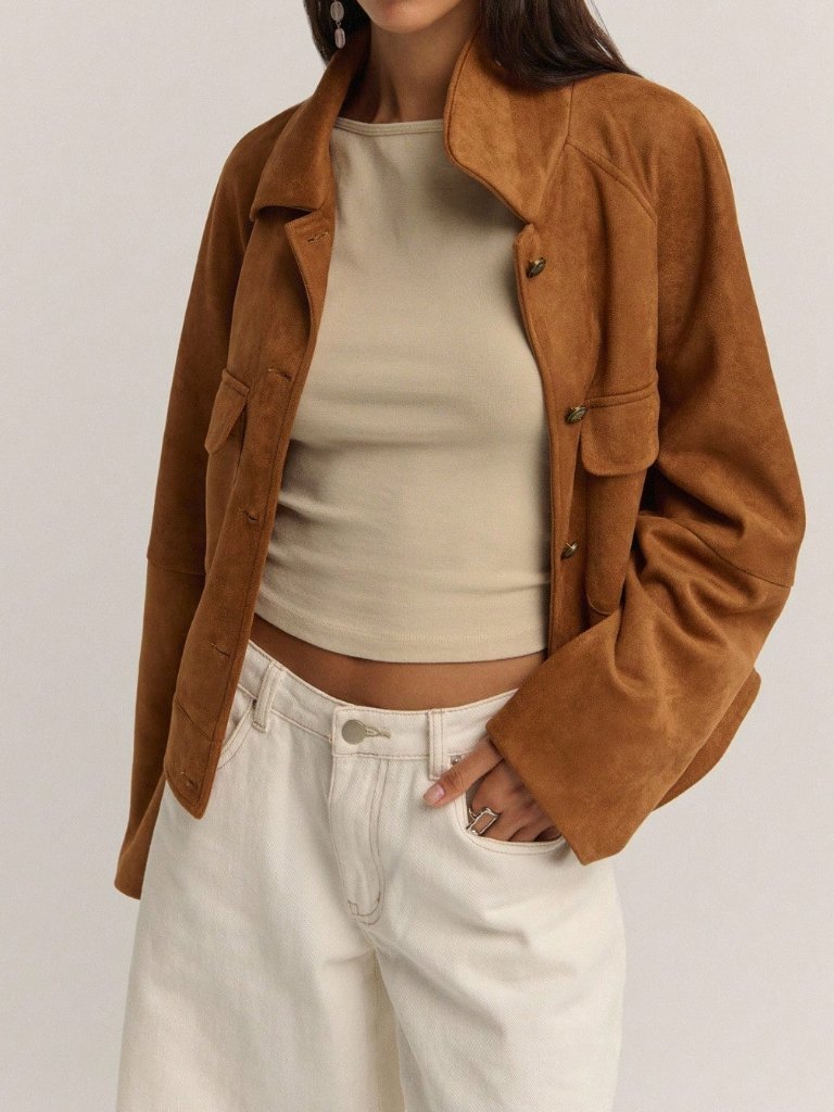 Khaki Casual Women's Regular Fit Faux Suedette Jacket
